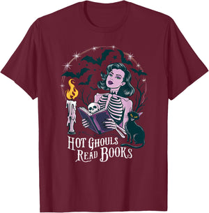 Hot Ghouls Read Book Club Spooky Cat Bat Bookish Halloween T-Shirt - T-Shirt | Maroon