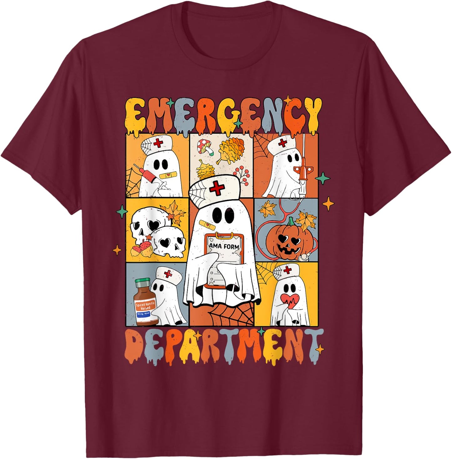 Emergency Department Halloween Cute Pumpkin Ghost ER Nurse T-Shirt - T-Shirt | Maroon