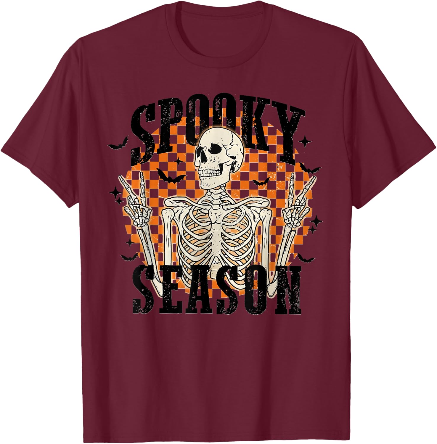 Spooky Season Skeleton Checkerboard Funny Halloween T-Shirt - T-Shirt | Maroon