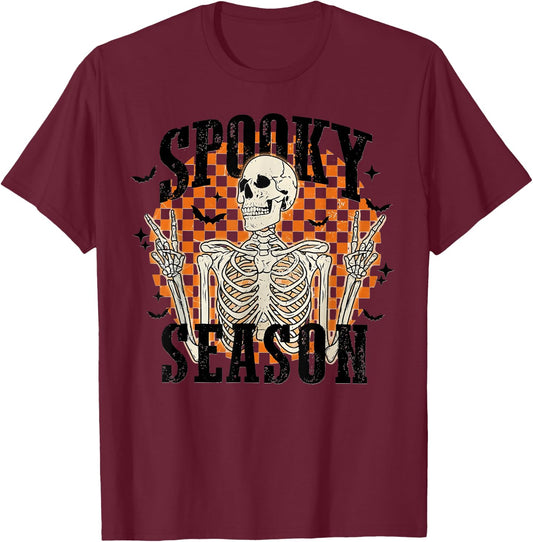 Spooky Season Skeleton Checkerboard Funny Halloween T-Shirt - T-Shirt | Maroon