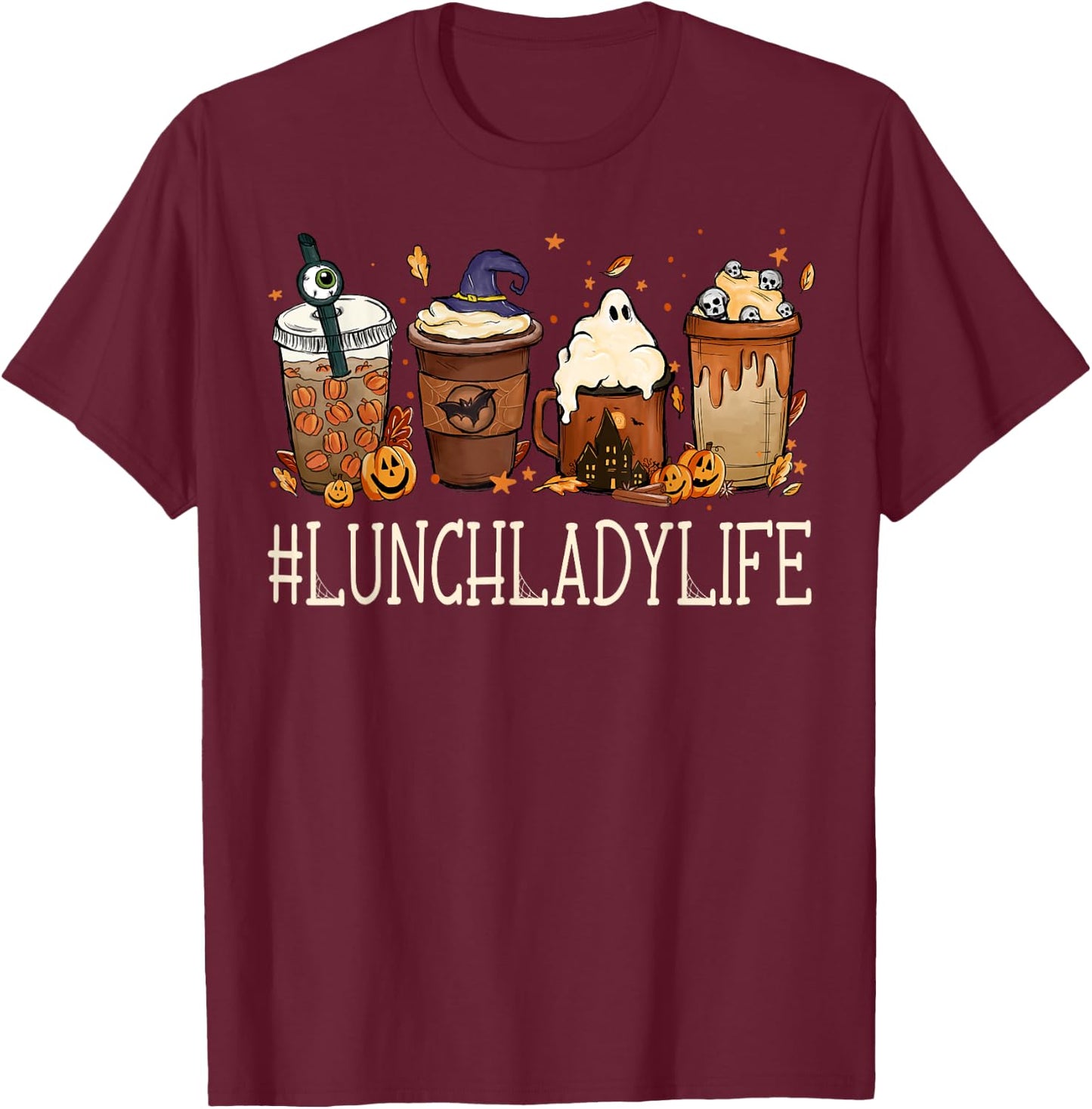 Lunch Lady Horror Coffee Spooky Halloween Pumpkin Autumn T-Shirt - T-Shirt | Maroon