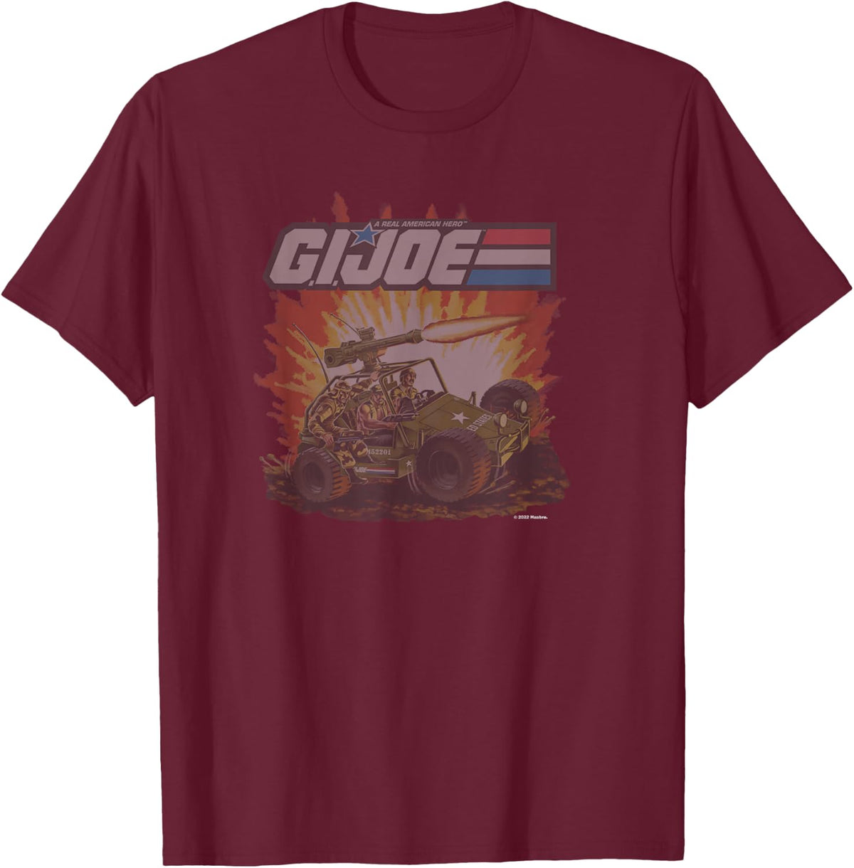 G.I. Joe -Adults , Blue, Small, Classic Fit, Short Sleeve, Graphic, , Vintage Vehicle Action Poster T-Shirt - T-Shirt | Maroon