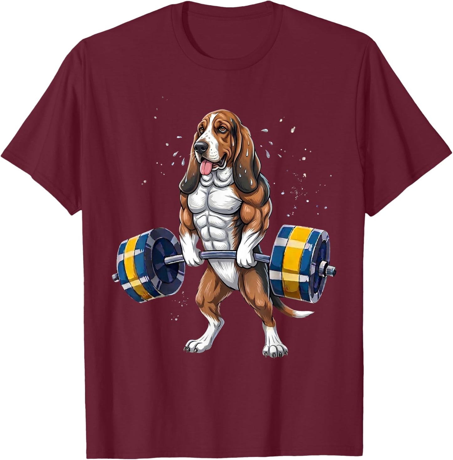 Funny Basset Hound Lifting Weights Gym Workout Dog T-Shirt - T-Shirt | Maroon