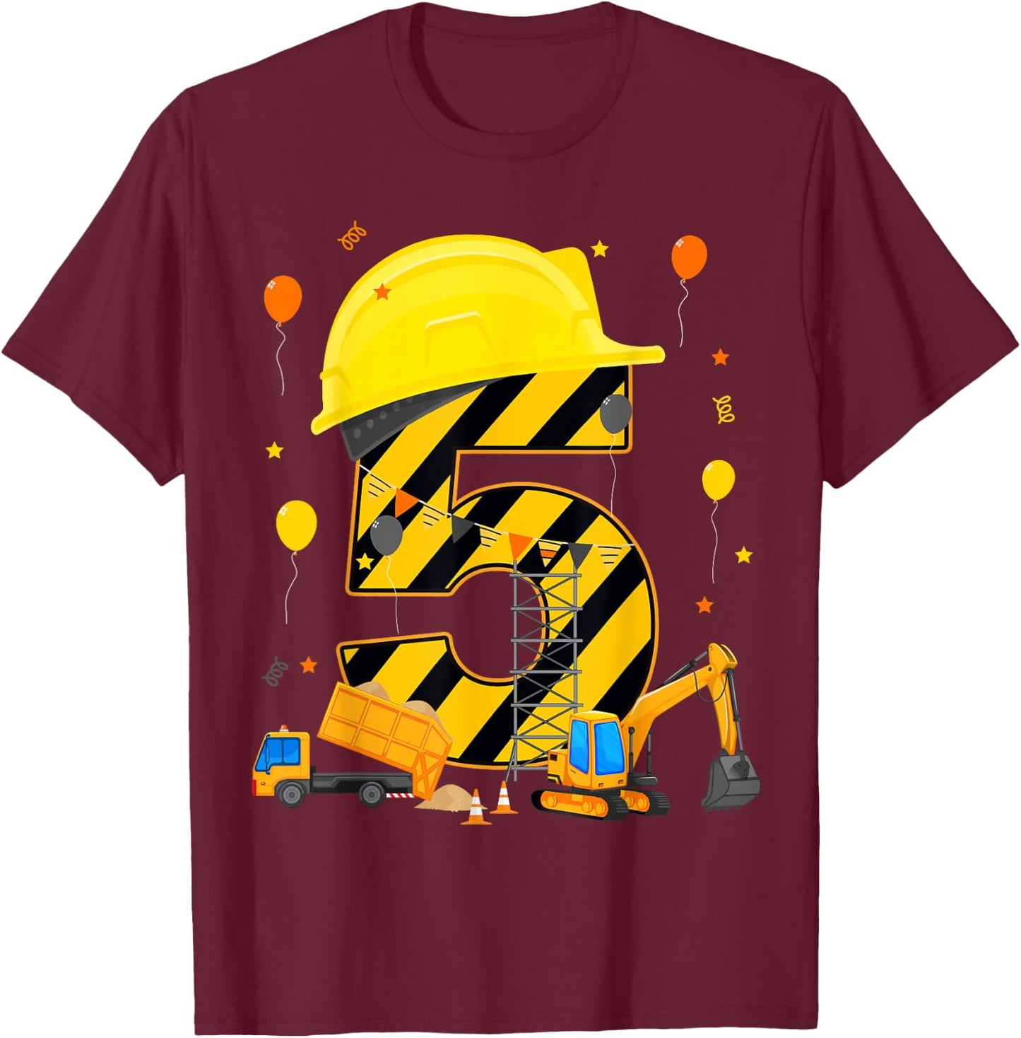 Five 5yr 5th Birthday Construction Vehicles 5 Year Old T-Shirt - T-Shirt | Maroon