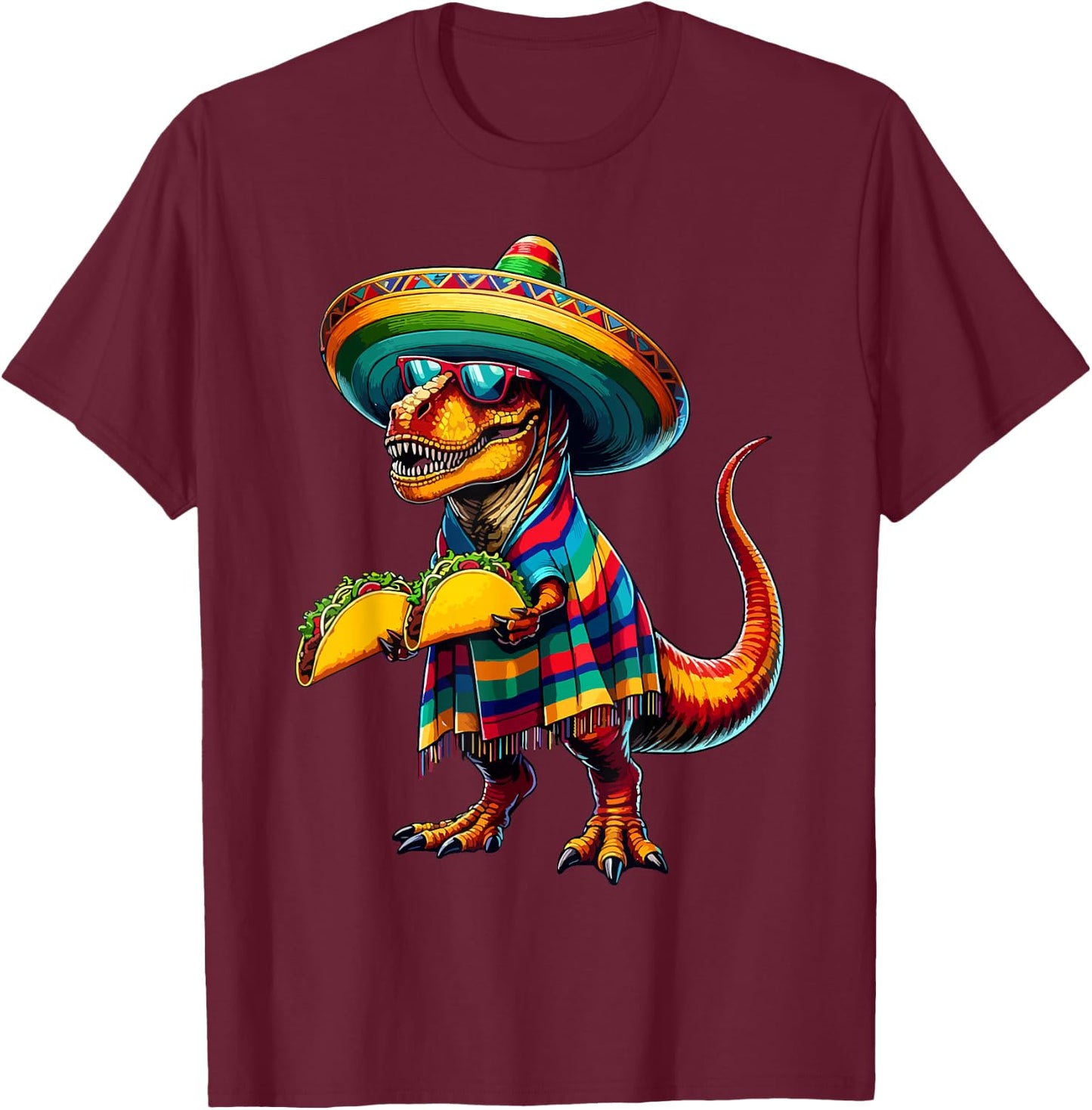T-rex Dinosaur Taco Lover Cinco de Mayo Sombrero Poncho T-Shirt - T-Shirt | Maroon
