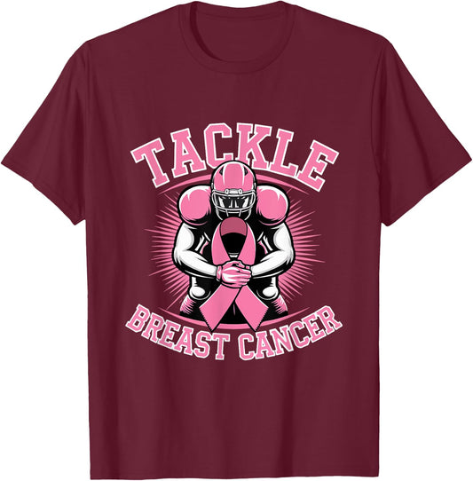Tackle Breast Cancer Pink Ribbon American Fantasy Football T-Shirt - T-Shirt | Maroon