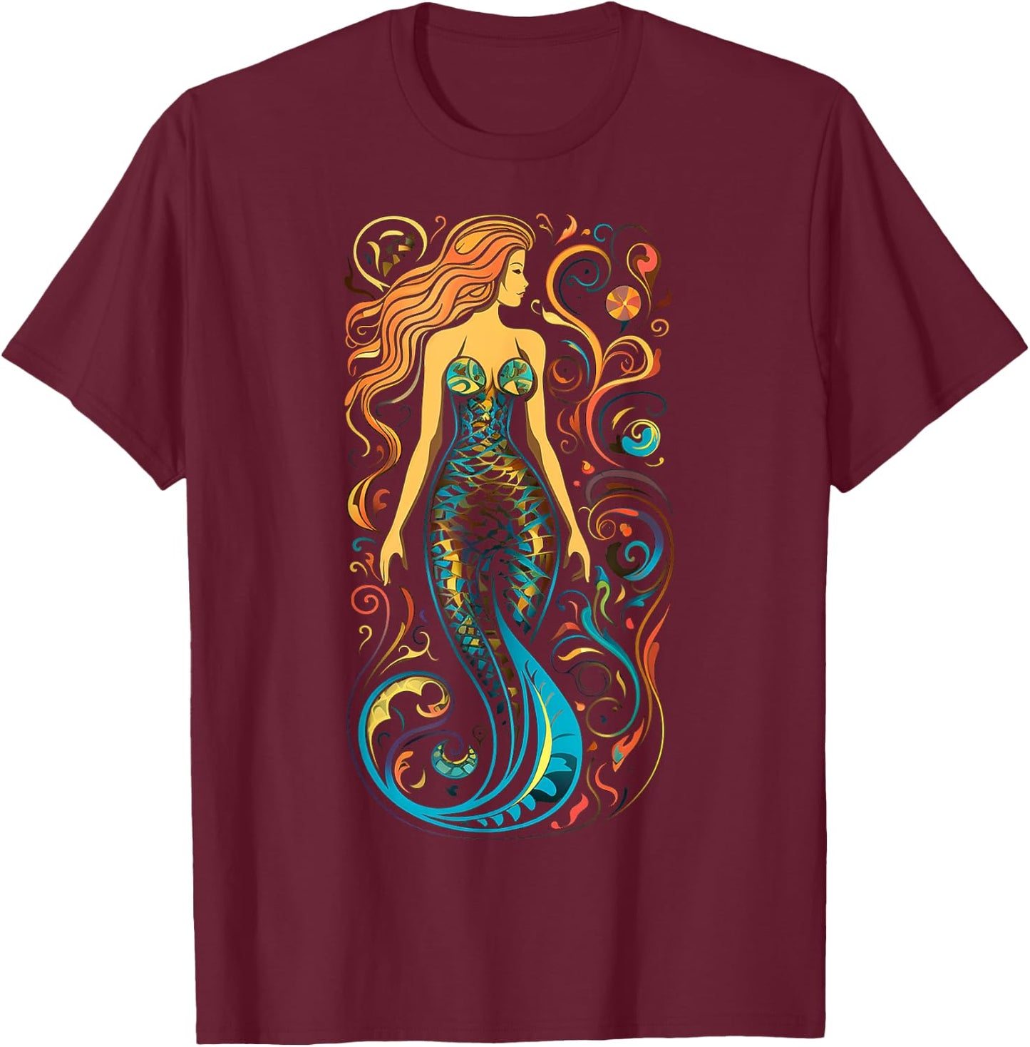 Mermaid Mandala Graphic Artwork Art Mermaid T-Shirt - T-Shirt | Maroon