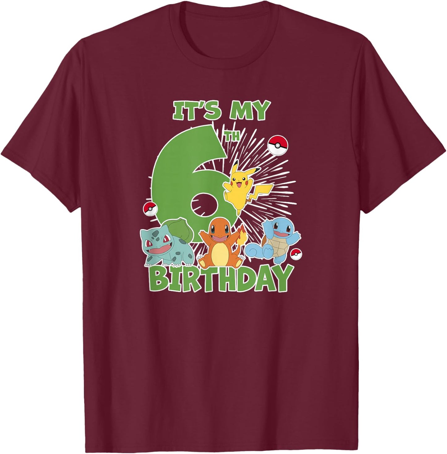 Pokémon It's My 6th Birthday Kanto Starters Celebration T-Shirt - T-Shirt | Maroon