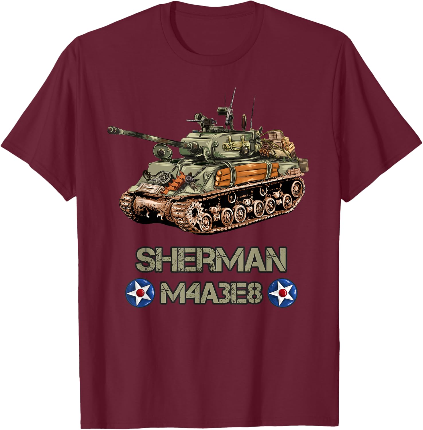 World War 2 American Tank M4A3E8 Sherman memorabilia T-Shirt - T-Shirt | Maroon