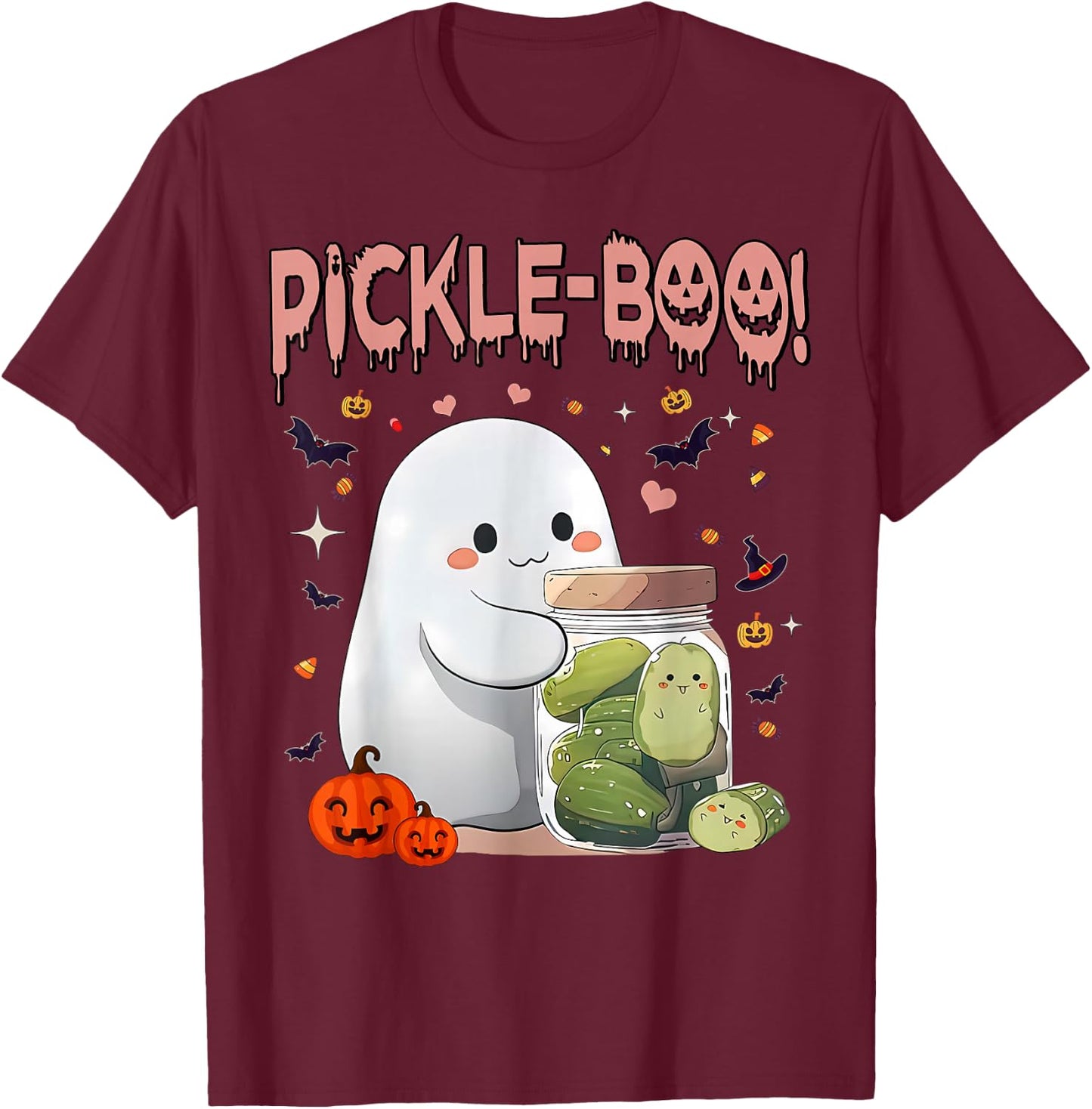 Vintage Kawaii Pickle Boo Ghost Halloween Spooky Season T-Shirt - T-Shirt | Maroon