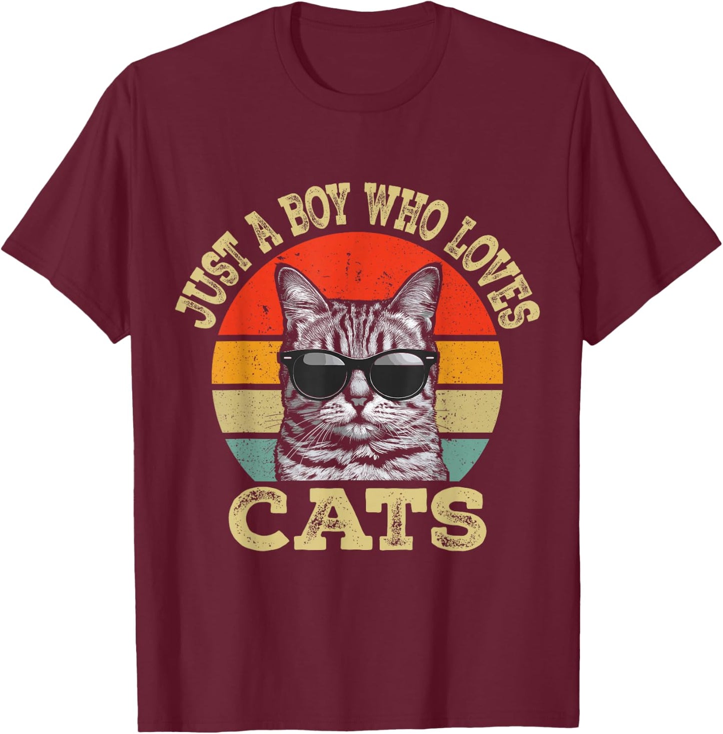 Vintage Just A Boy Who Loves Cats Boy Kid Cat Lover For Boys T-Shirt - T-Shirt | Maroon