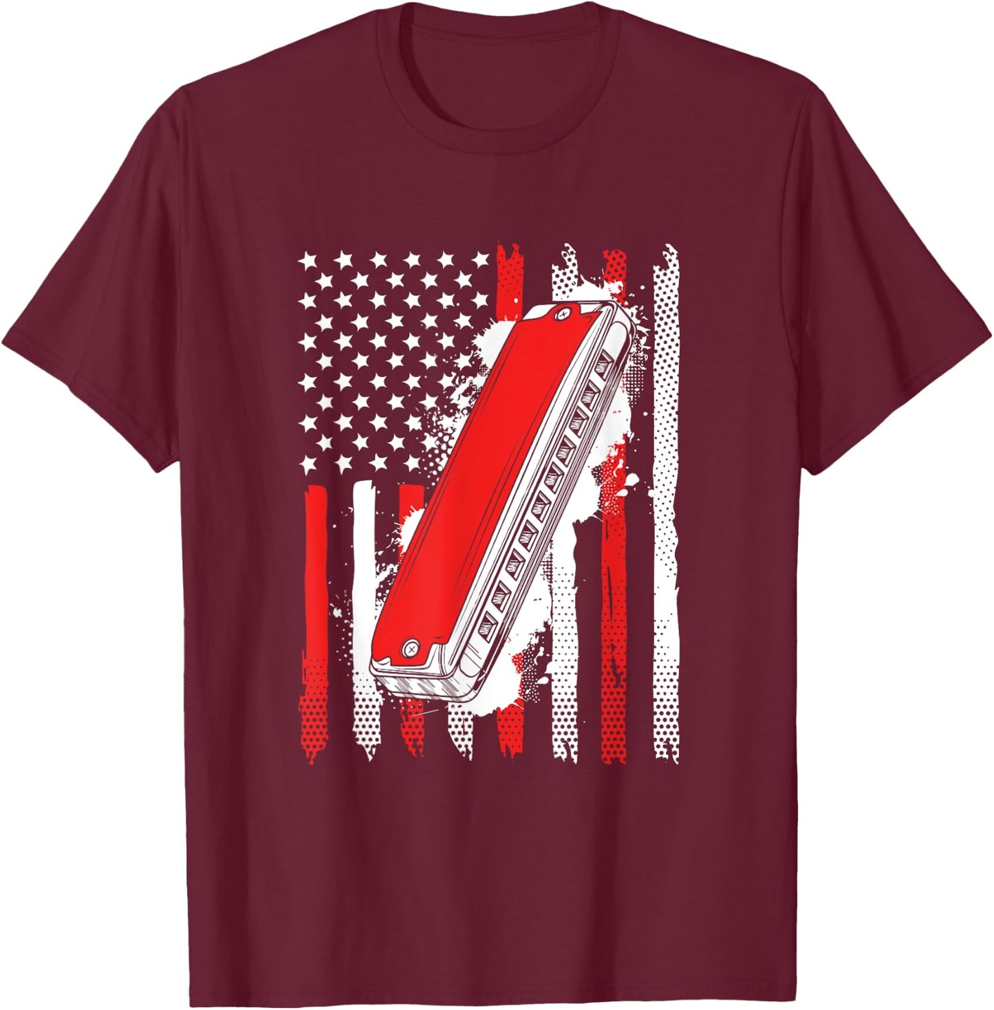 Grunge US Harmonica Flag Musical Instruments T-Shirt - T-Shirt | Maroon