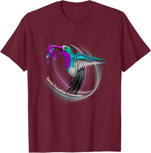 Hummingbird Purple Blue Ribbon Suicide Prevention Awareness T-Shirt - T-Shirt | Maroon