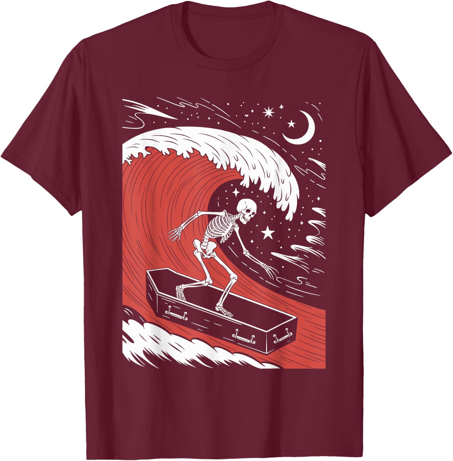 Funny Skeleton Surfing With a Coffin Spooky Halloween Surfer T-Shirt - T-Shirt | Maroon