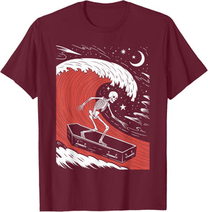 Funny Skeleton Surfing With a Coffin Spooky Halloween Surfer T-Shirt - T-Shirt | Maroon