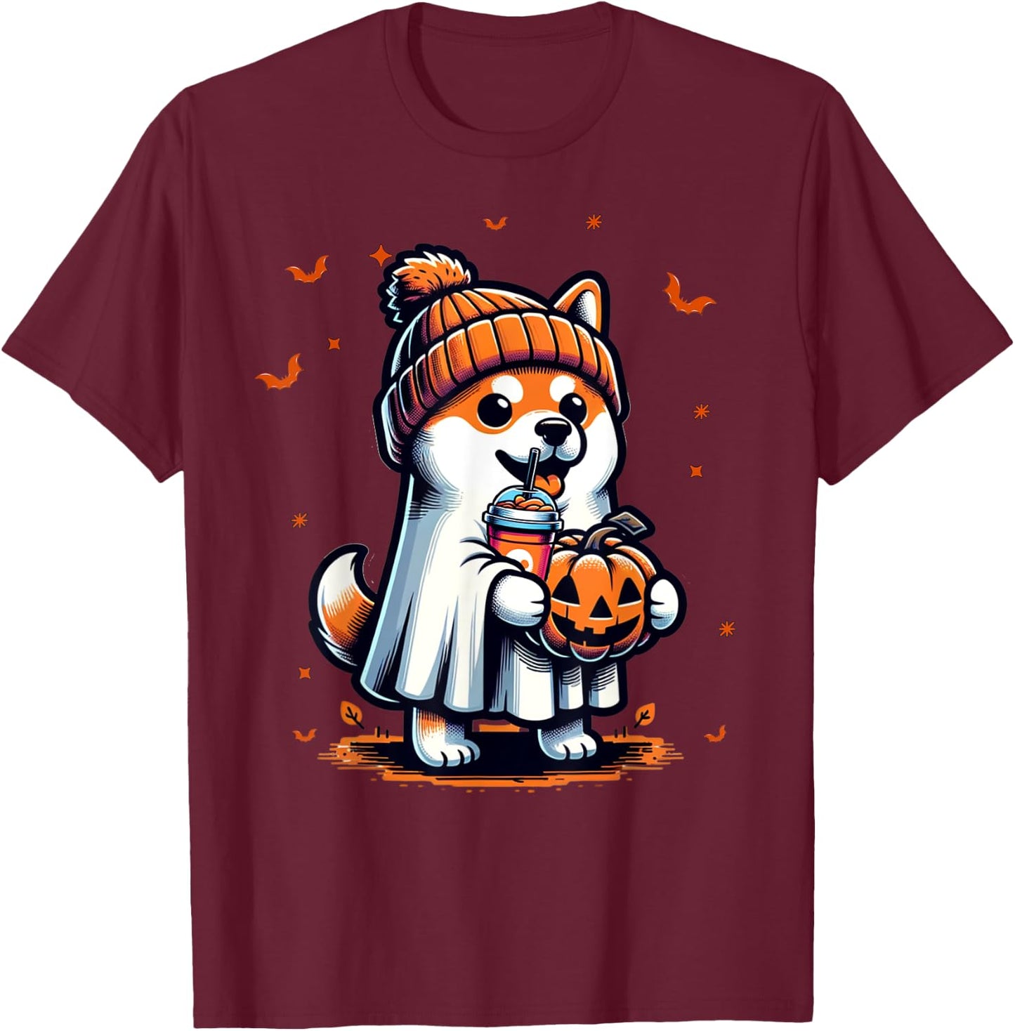 Ghost Shiba Inu Dog Pumpkin Drinks Beanie Fall Halloween Women Kids T-Shirt - T-Shirt | Maroon