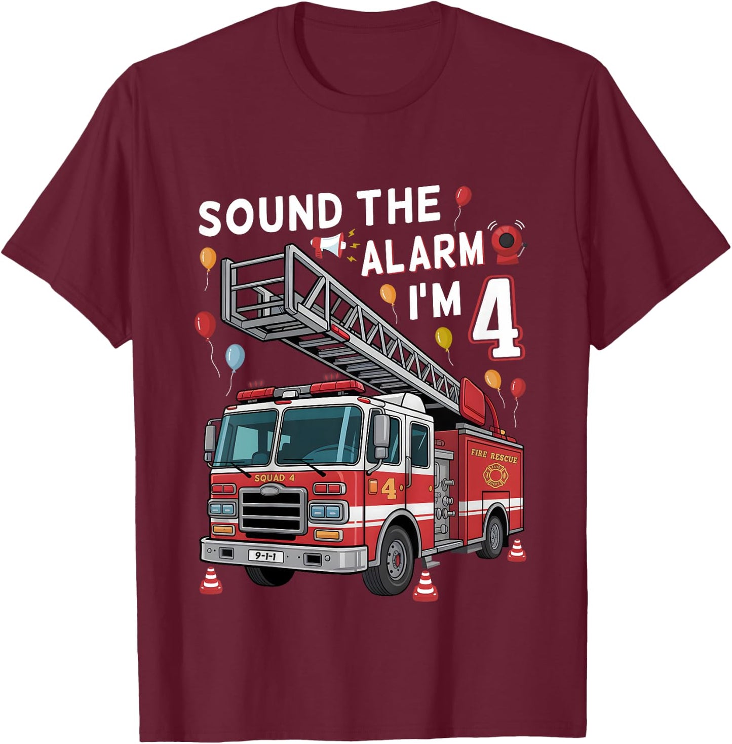 4th Birthday Boy Fire Truck 4 Year Old Boy Girl Firefighter T-Shirt - T-Shirt | Maroon
