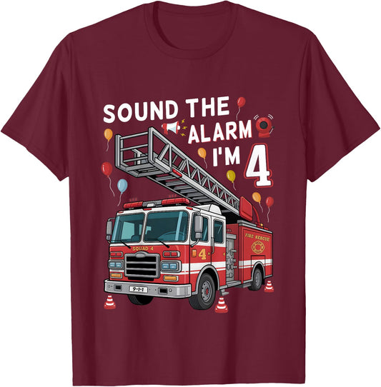 4th Birthday Boy Fire Truck 4 Year Old Boy Girl Firefighter T-Shirt - T-Shirt | Maroon