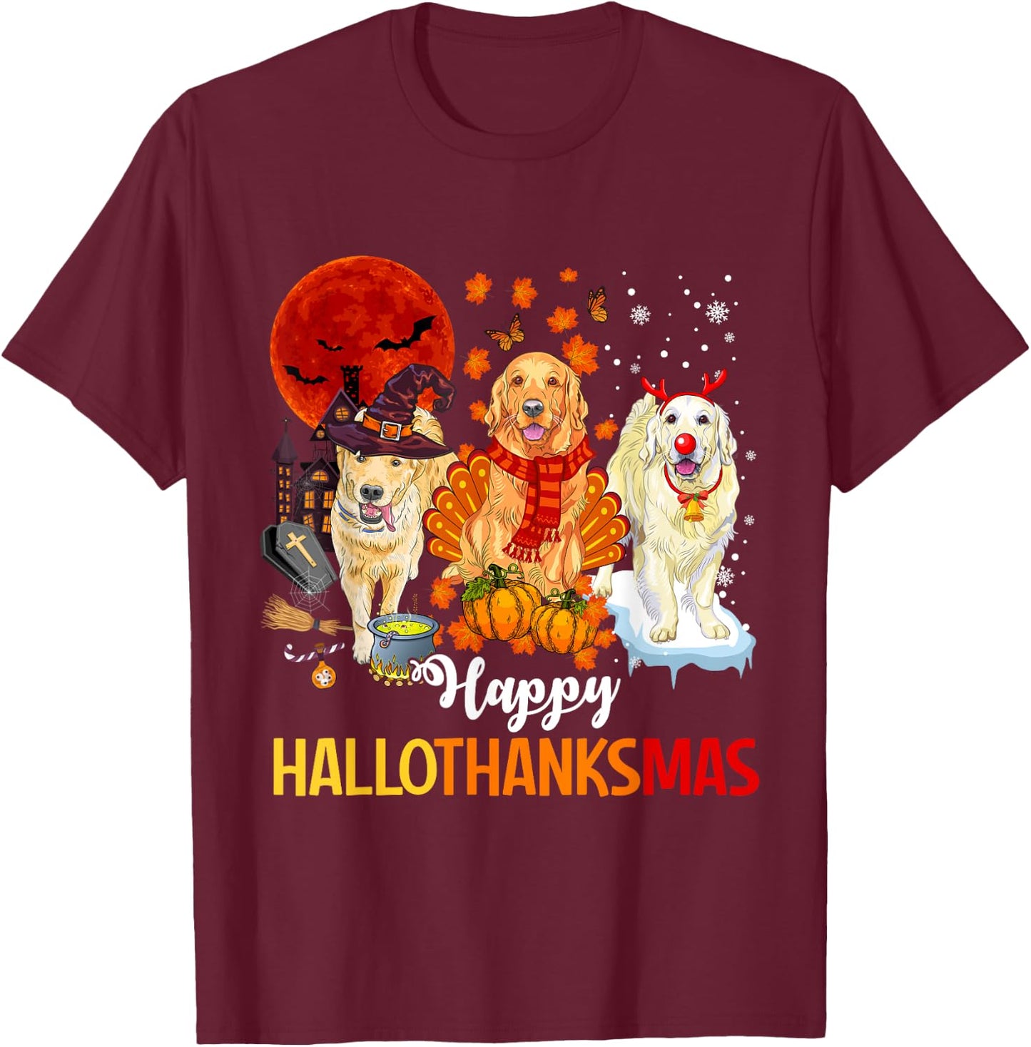 Golden Retriever Happy Hallothanksmas Halloween Thanksgiving T-Shirt - T-Shirt | Maroon