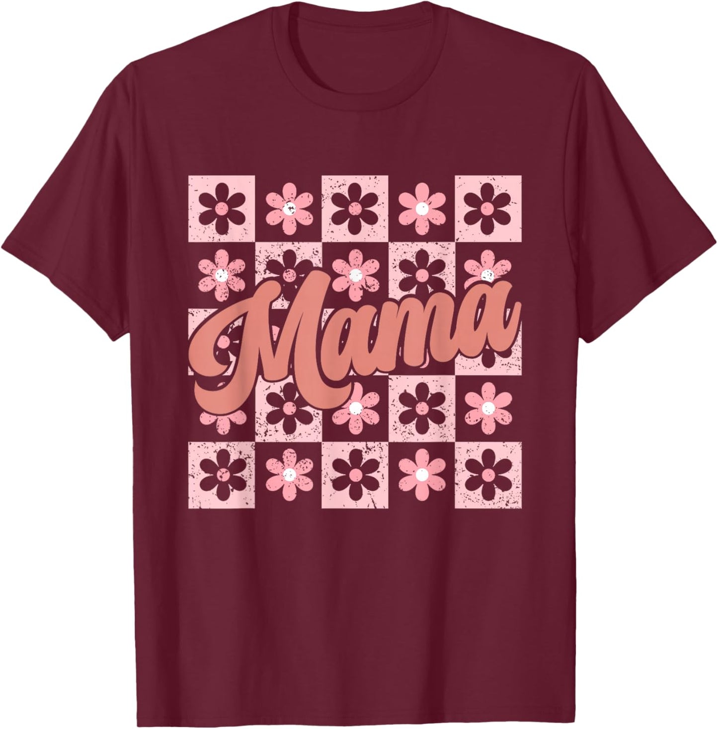 Groovy Mama Retro Flowers Floral Checkered Mother's Day T-Shirt - T-Shirt | Maroon