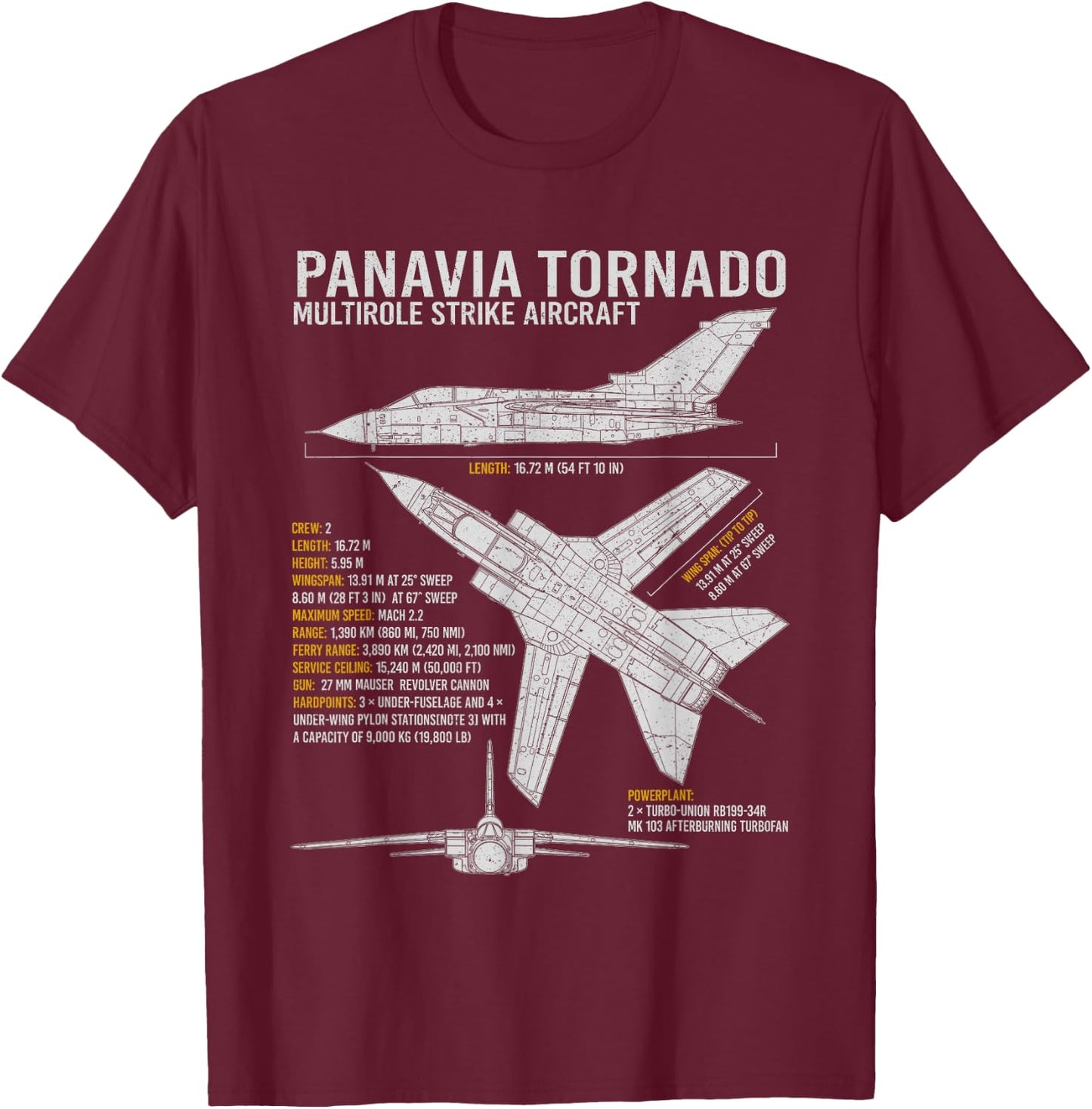 Tornado Jet Fighter Aircraft Airplane Blueprint Warplane T-Shirt - T-Shirt | Maroon