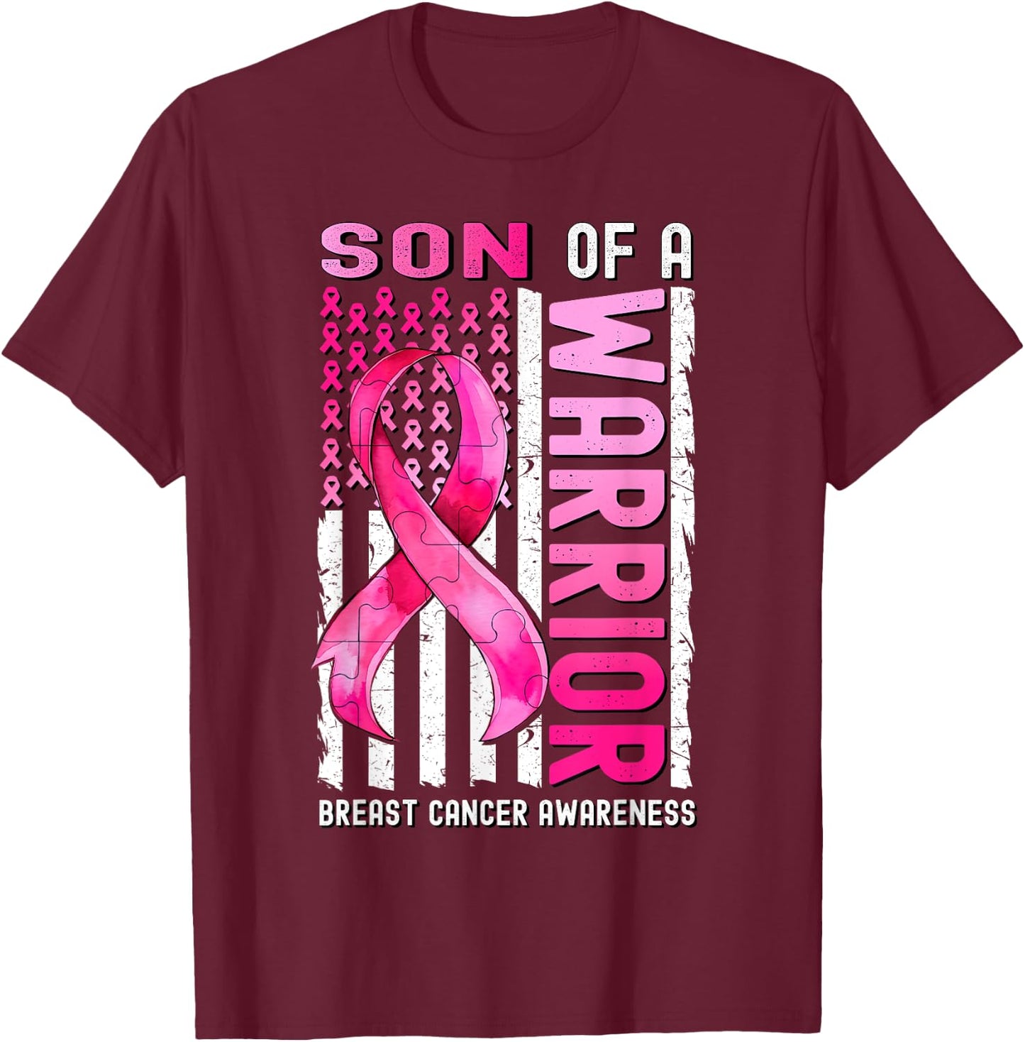 Son Of A Warrior Breast Cancer USA Flag Awareness Pink T-Shirt - T-Shirt | Maroon