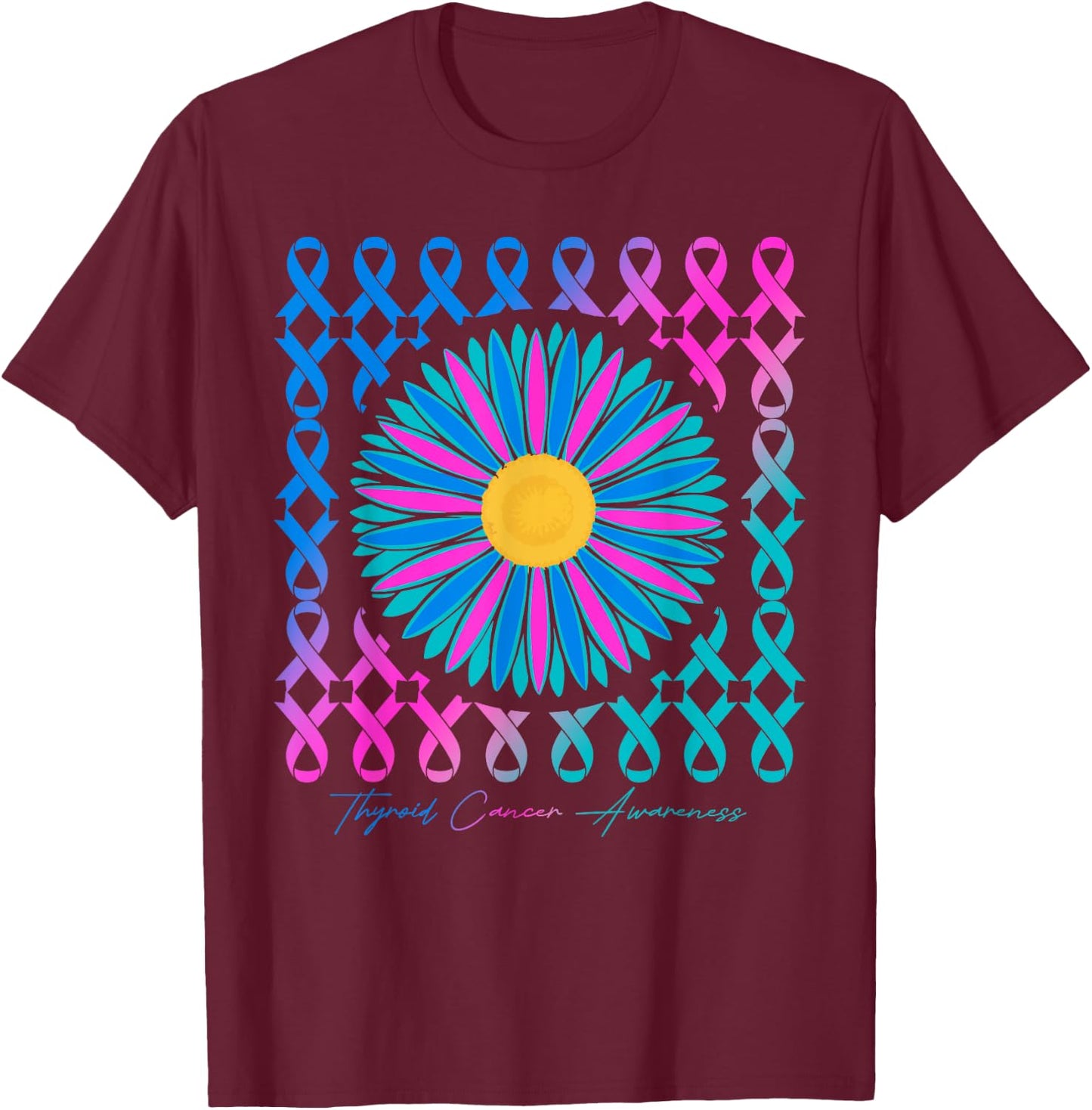 Thyroid Cancer Awareness Teal Pink Blue Ribbons T-Shirt - T-Shirt | Maroon