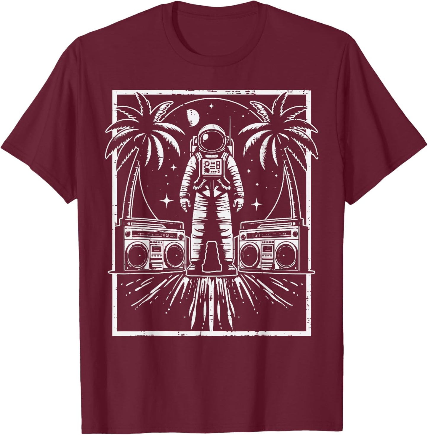 Astronaut Boomboxes Palm Trees Retro Space Men Women Kids T-Shirt - T-Shirt | Maroon