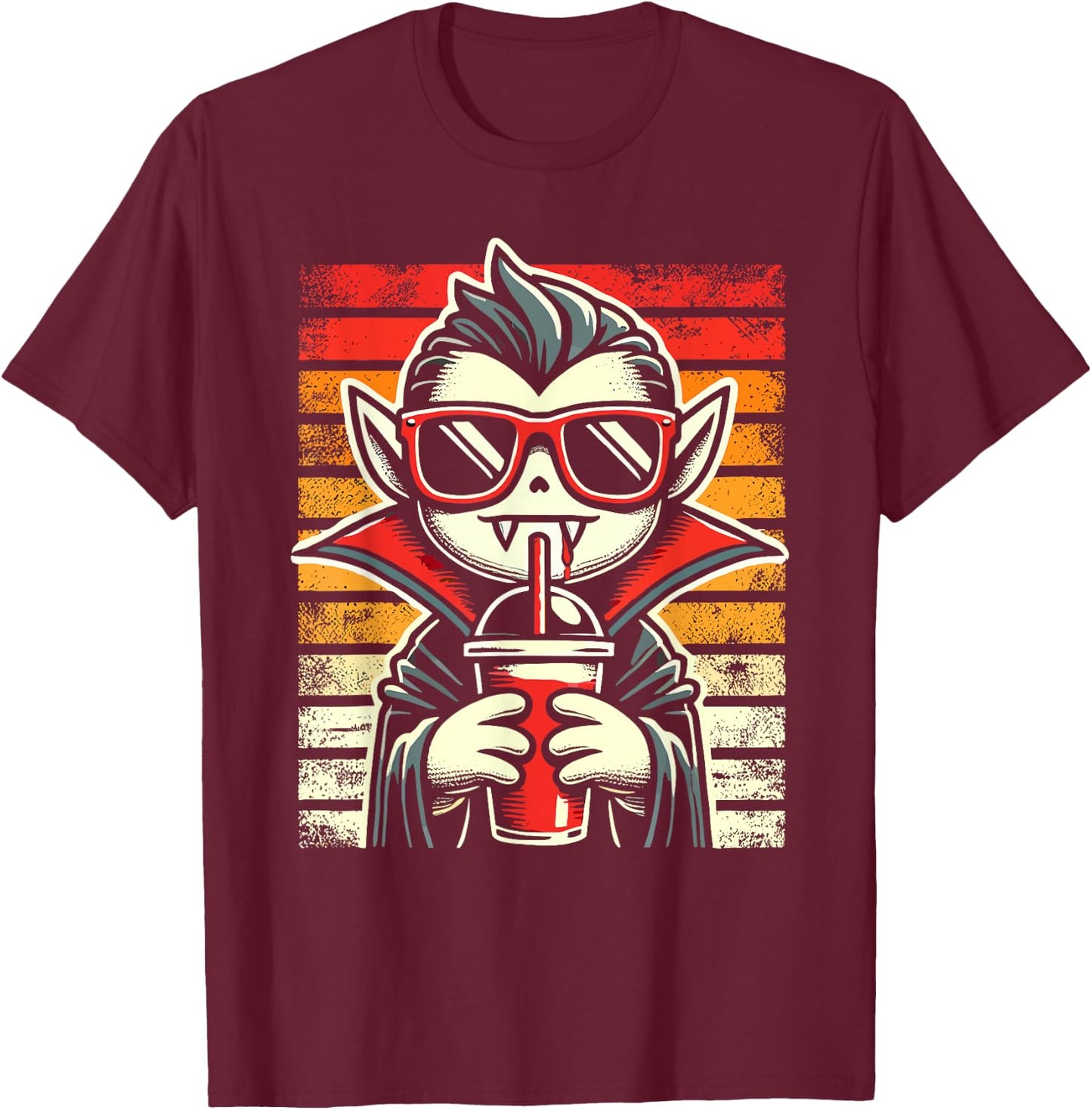 Retro Hipster Vampire with Smoothie Halloween Funny Vampire T-Shirt - T-Shirt | Maroon