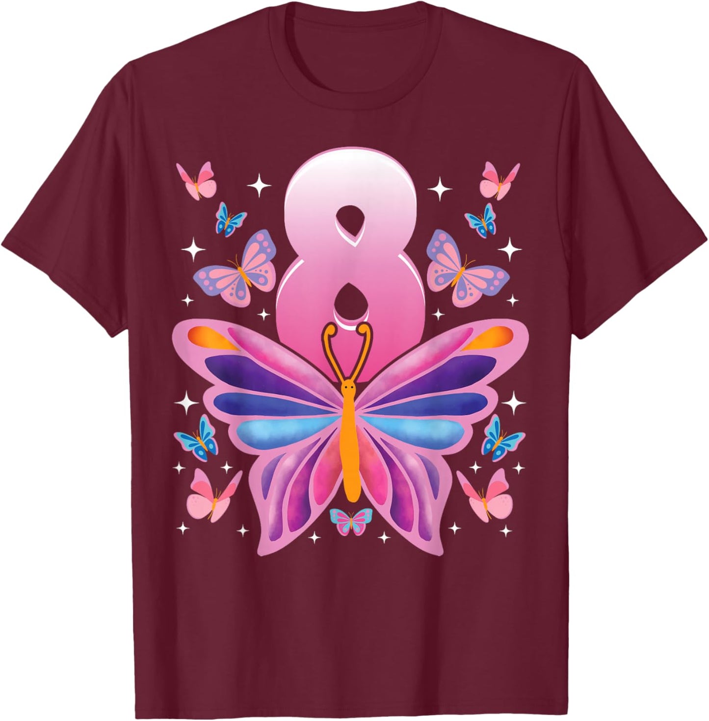 Kids 8 Years Old Cute Butterfly 8th Birthday Celebration T-Shirt - T-Shirt | Maroon