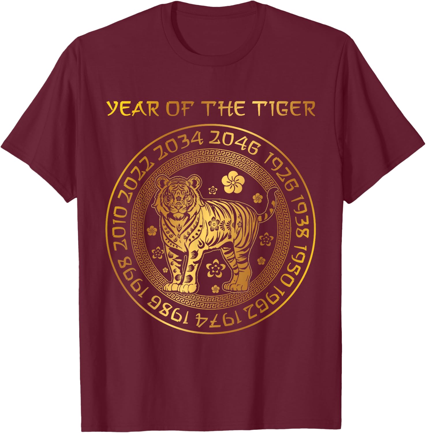 Chinese New Year Of The Tiger Chinese Zodiac Years 2034 , Small, Black T-Shirt - T-Shirt | Maroon