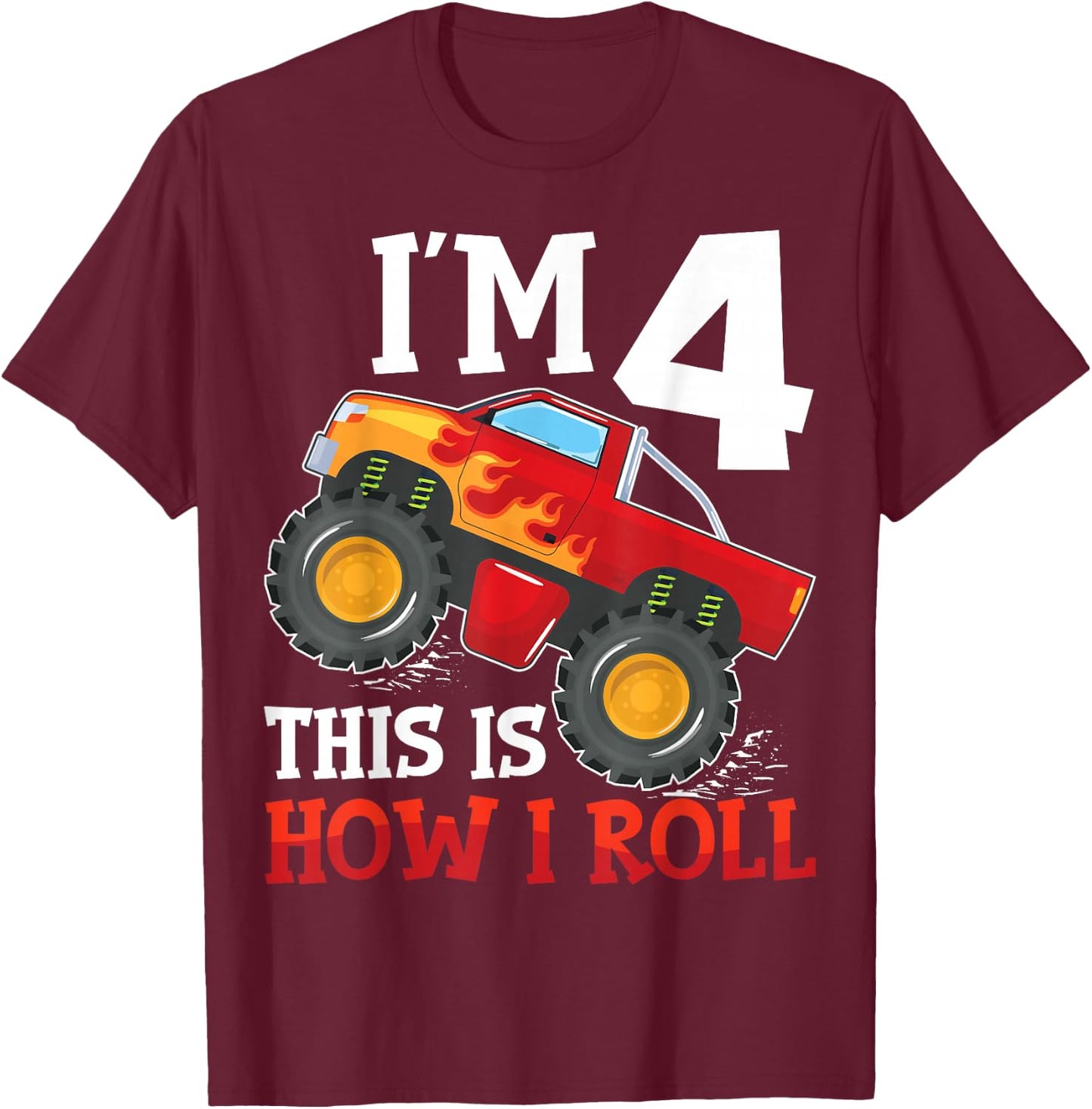 Four 4yr 4th Birthday Monster Truck Boy 4 Years Old T-Shirt - T-Shirt | Maroon