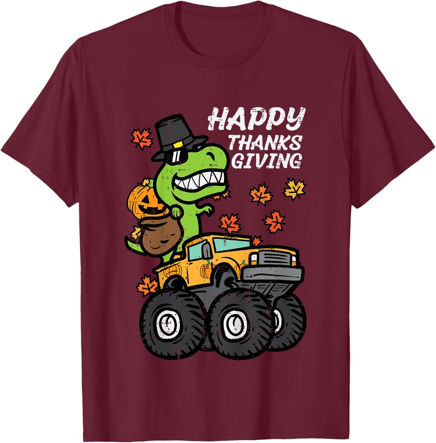 Kids Happy Thanksgiving Trex Monster Truck Fall Toddler Boys Kids T-Shirt - T-Shirt | Maroon