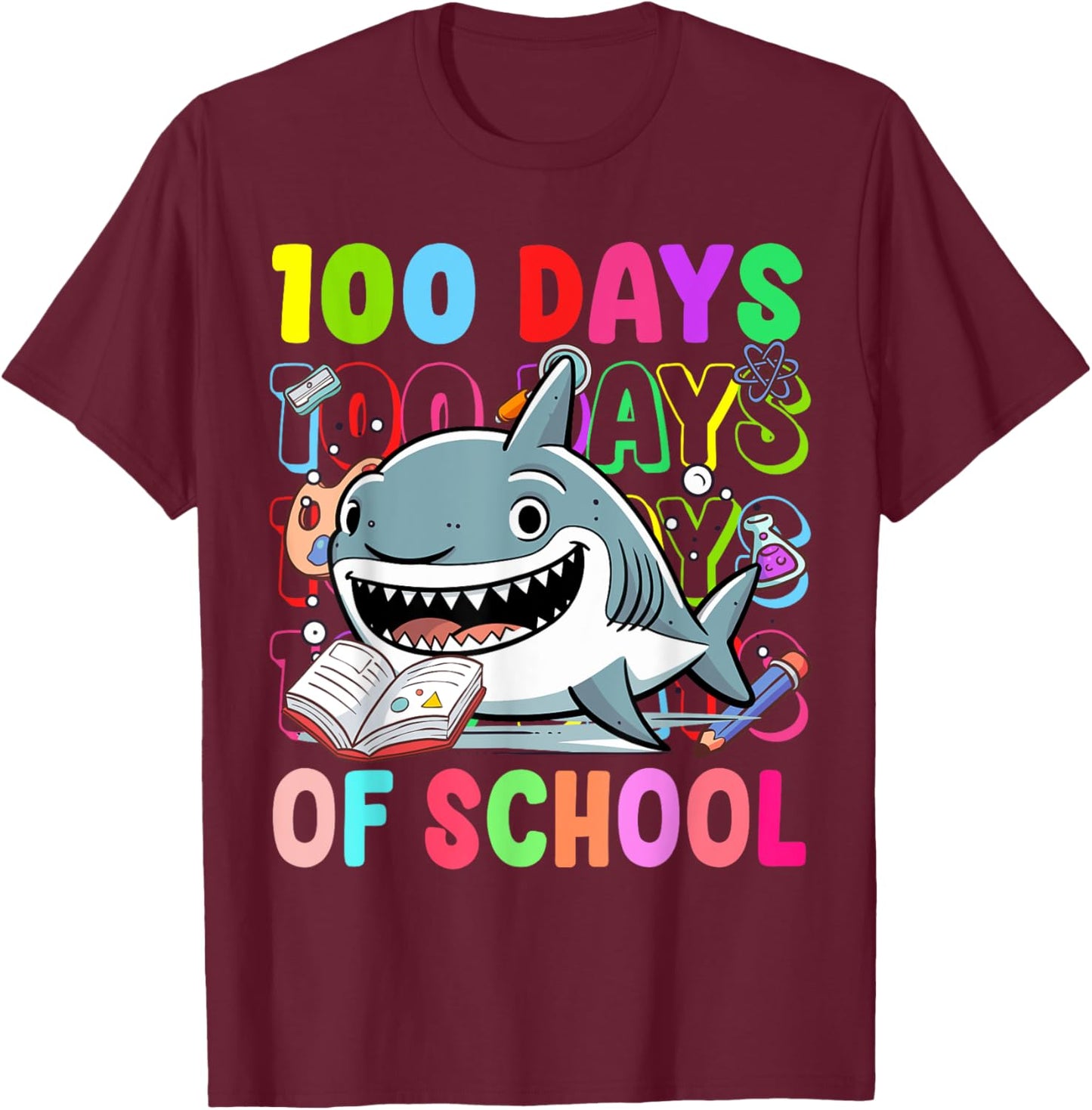 100 Days Of School Shark Lovers Boy Girl Kids T-Shirt - T-Shirt | Maroon