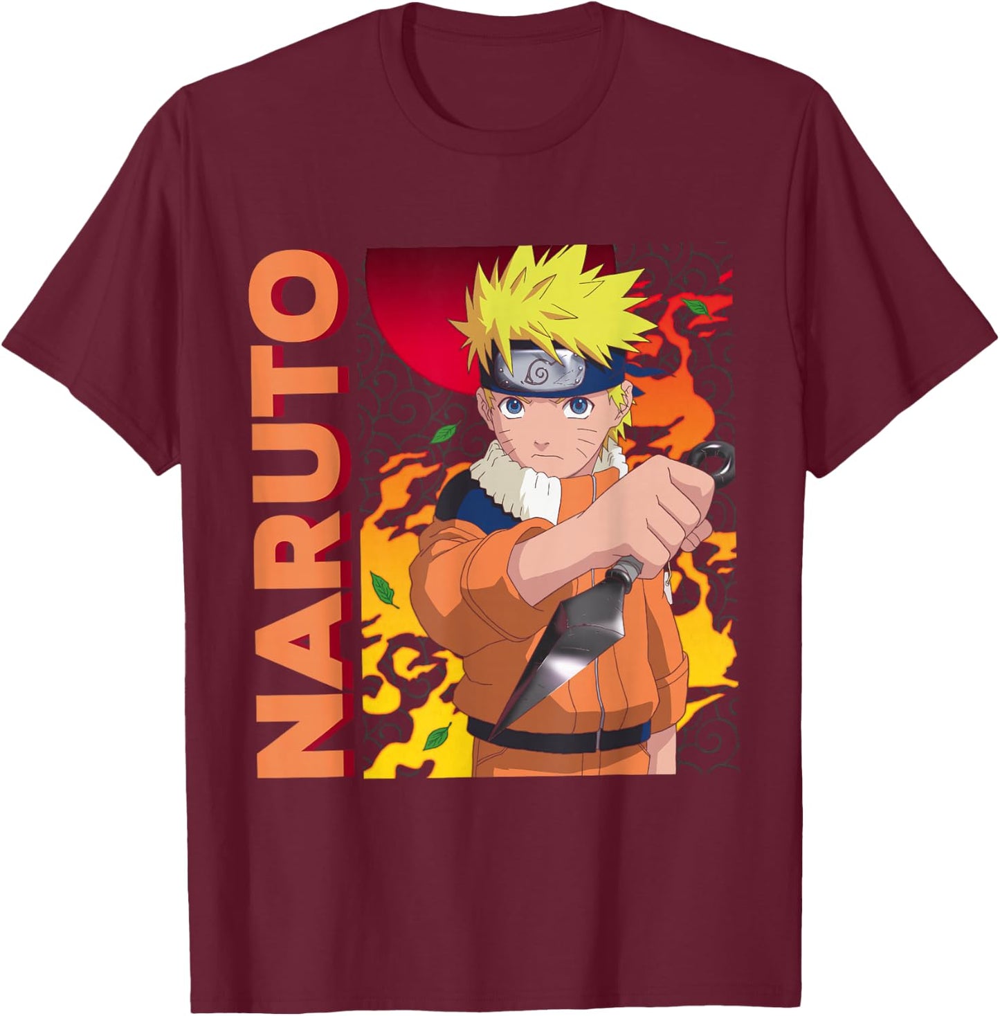 Naruto Main Character On Elemental Background T-Shirt - T-Shirt | Maroon