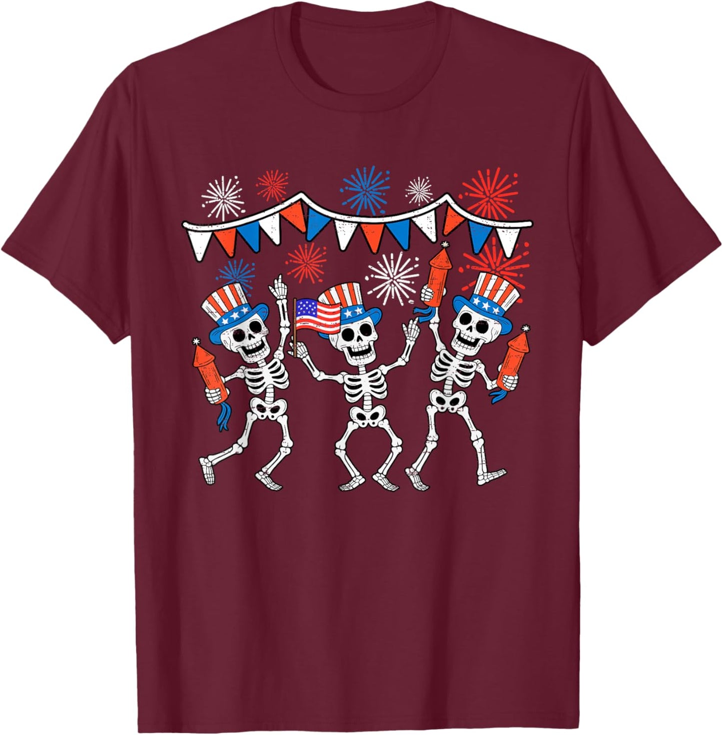 Dancing Skeletons American Flag USA Funny 4th Of July Fourth T-Shirt - T-Shirt | Maroon