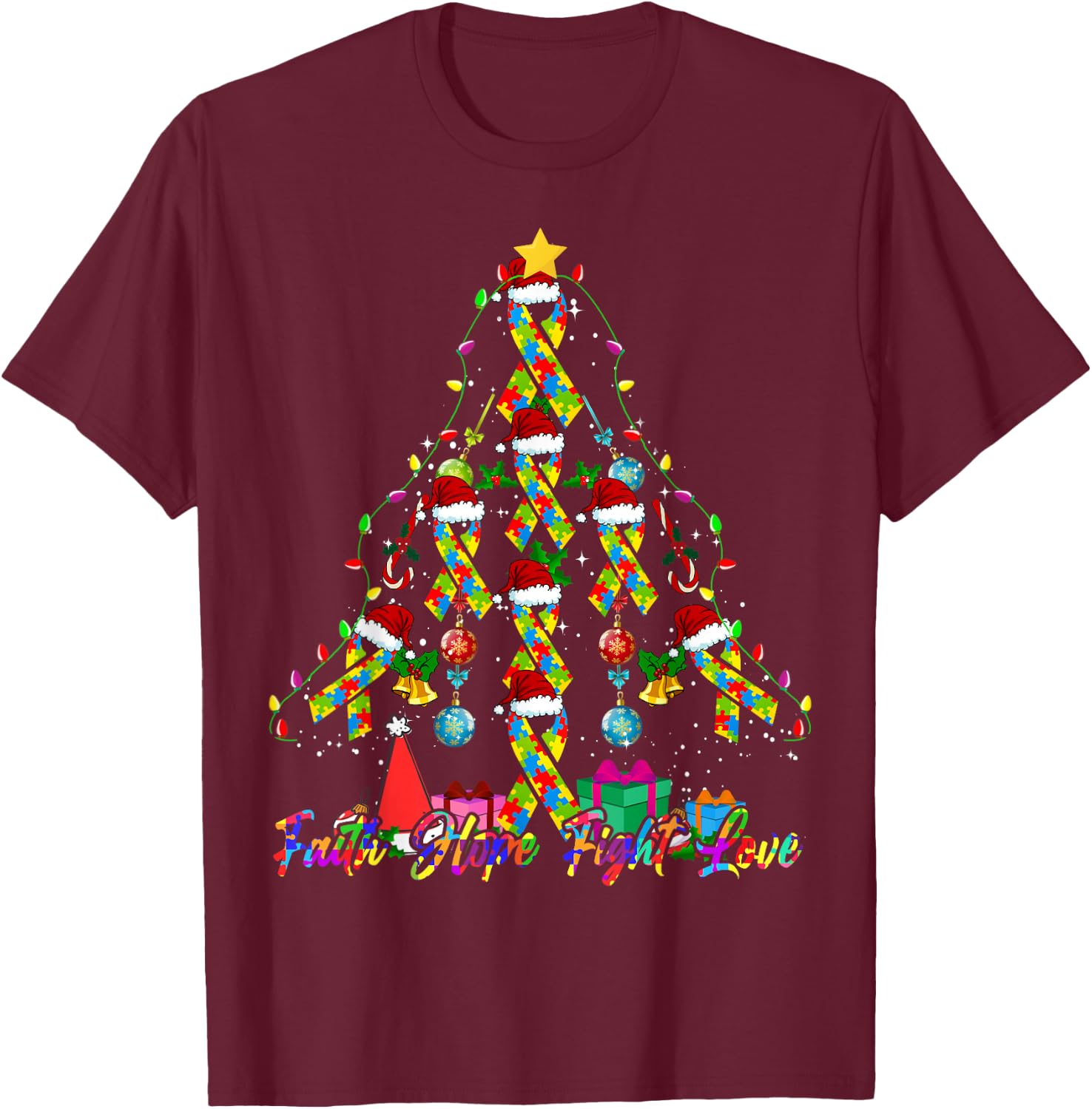 Santa Puzzle Ribbon Christmas Tree Autism Awareness T-Shirt - T-Shirt | Maroon