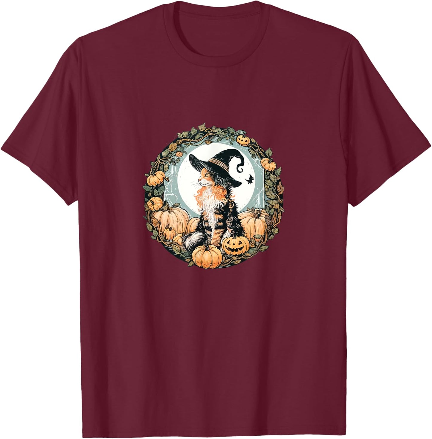 Halloween Dilute Calico Maine Coon Cat Illustration T-Shirt - T-Shirt | Maroon