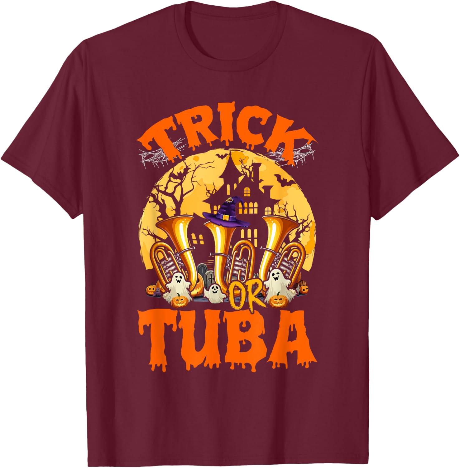 Trick Or Tuba Halloween Moon Costume Funny Instruments T-Shirt - T-Shirt | Maroon