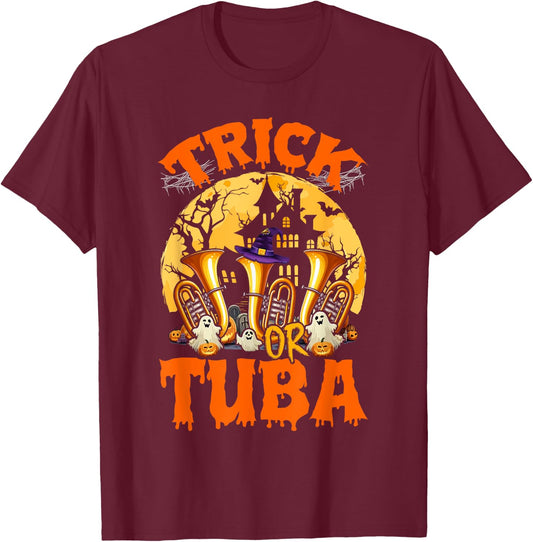 Trick Or Tuba Halloween Moon Costume Funny Instruments T-Shirt - T-Shirt | Maroon