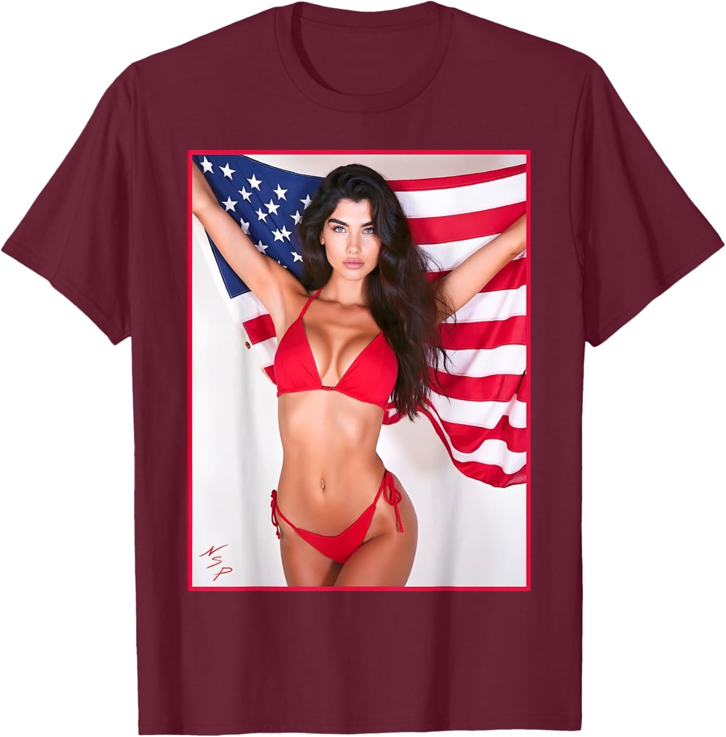 Hot Babe - Beautiful Bikini Girl with American Flag T-Shirt - T-Shirt | Maroon