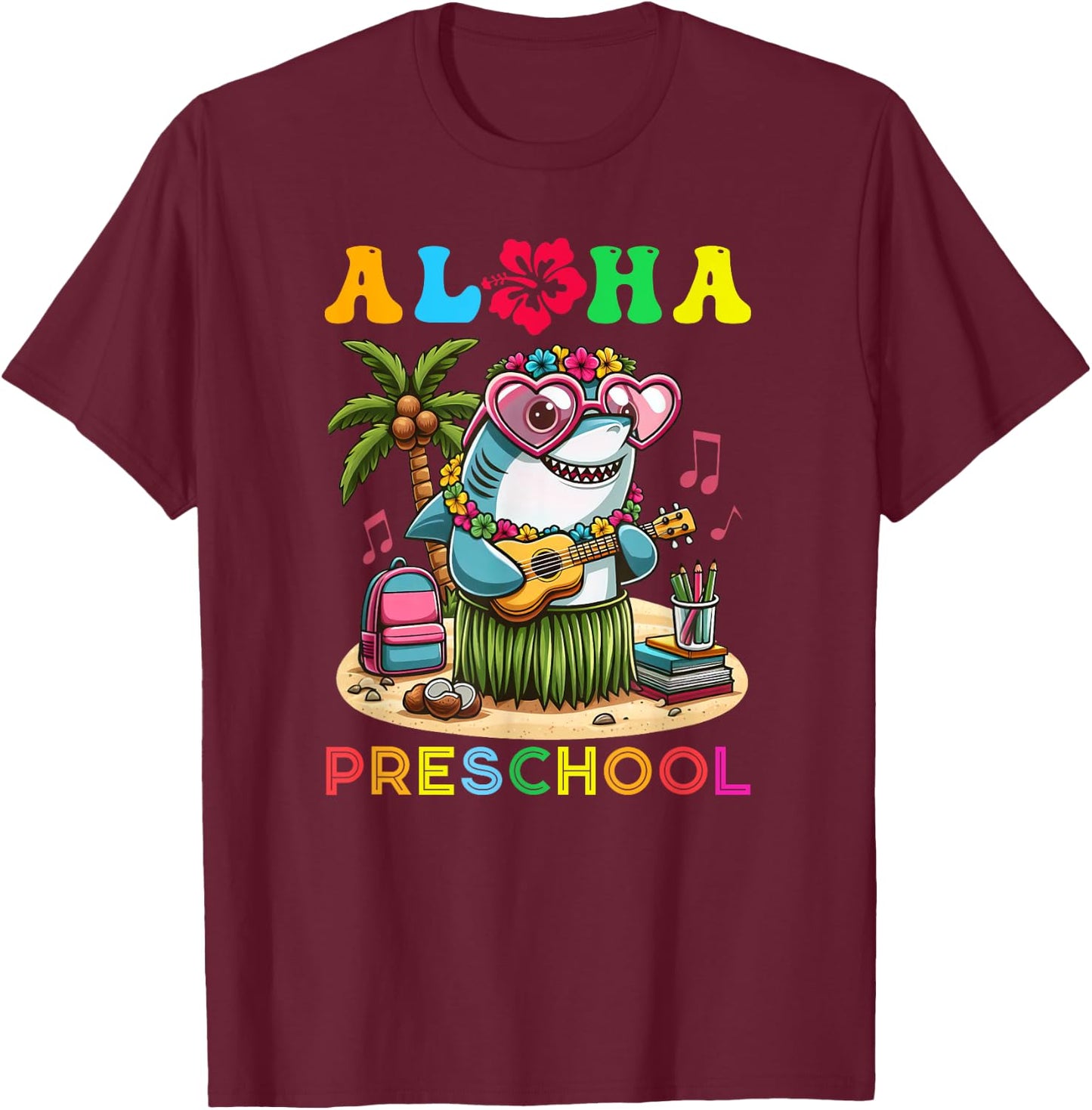 Aloha Preschool Shark Hawaii Back to School Kids Girl T-Shirt - T-Shirt | Maroon