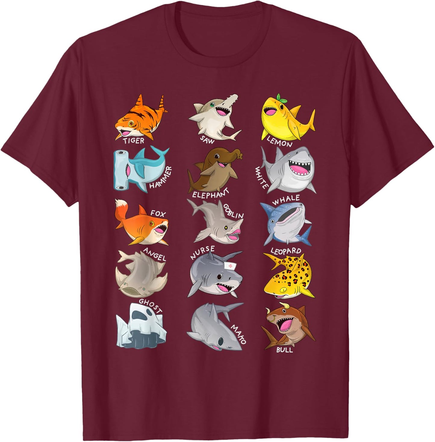 Shark Shirt Cute Types Of Sharks Marine Biology Funny Shark T-Shirt - T-Shirt | Maroon
