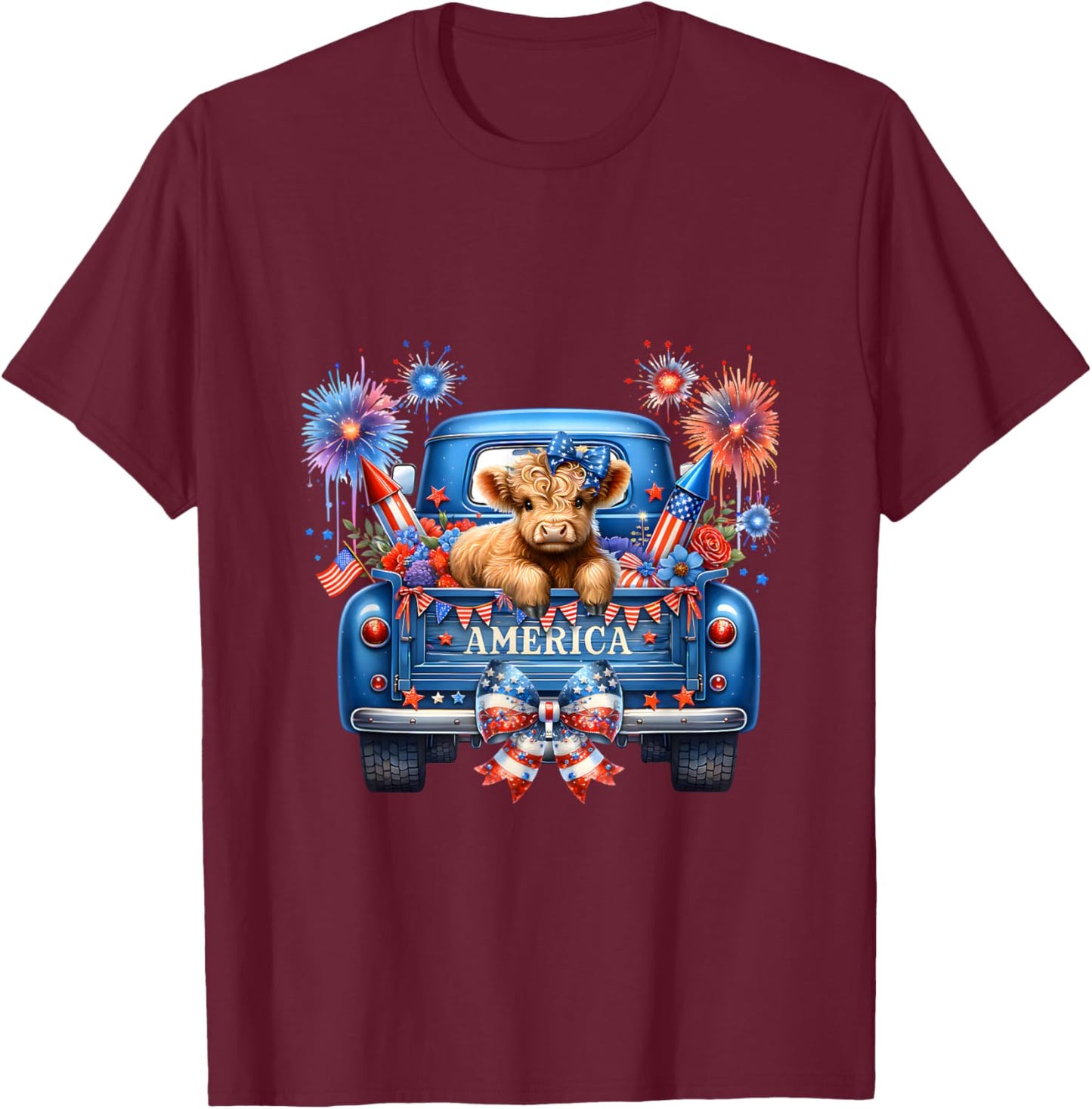 4th of July Highland Cow Green Truck Coquette Bow & Firework T-Shirt - T-Shirt | Maroon
