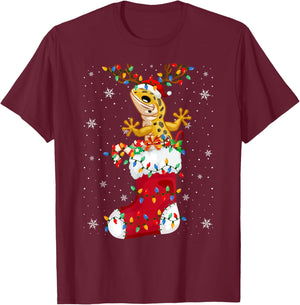 Santa Hat Leopard Gecko Animal In Socks Xmas Tree Lights T-Shirt - T-Shirt | Maroon