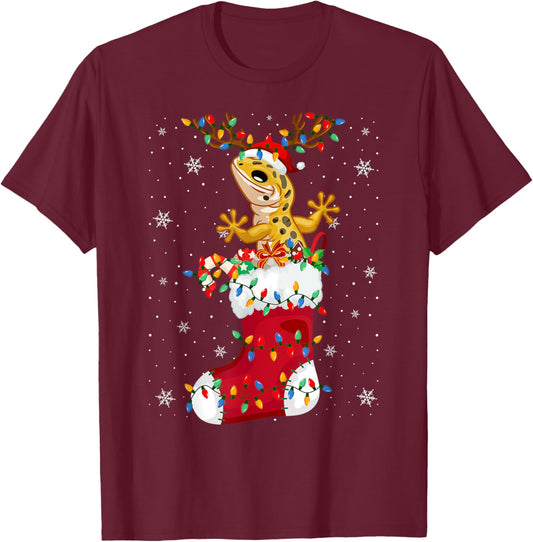 Santa Hat Leopard Gecko Animal In Socks Xmas Tree Lights T-Shirt - T-Shirt | Maroon