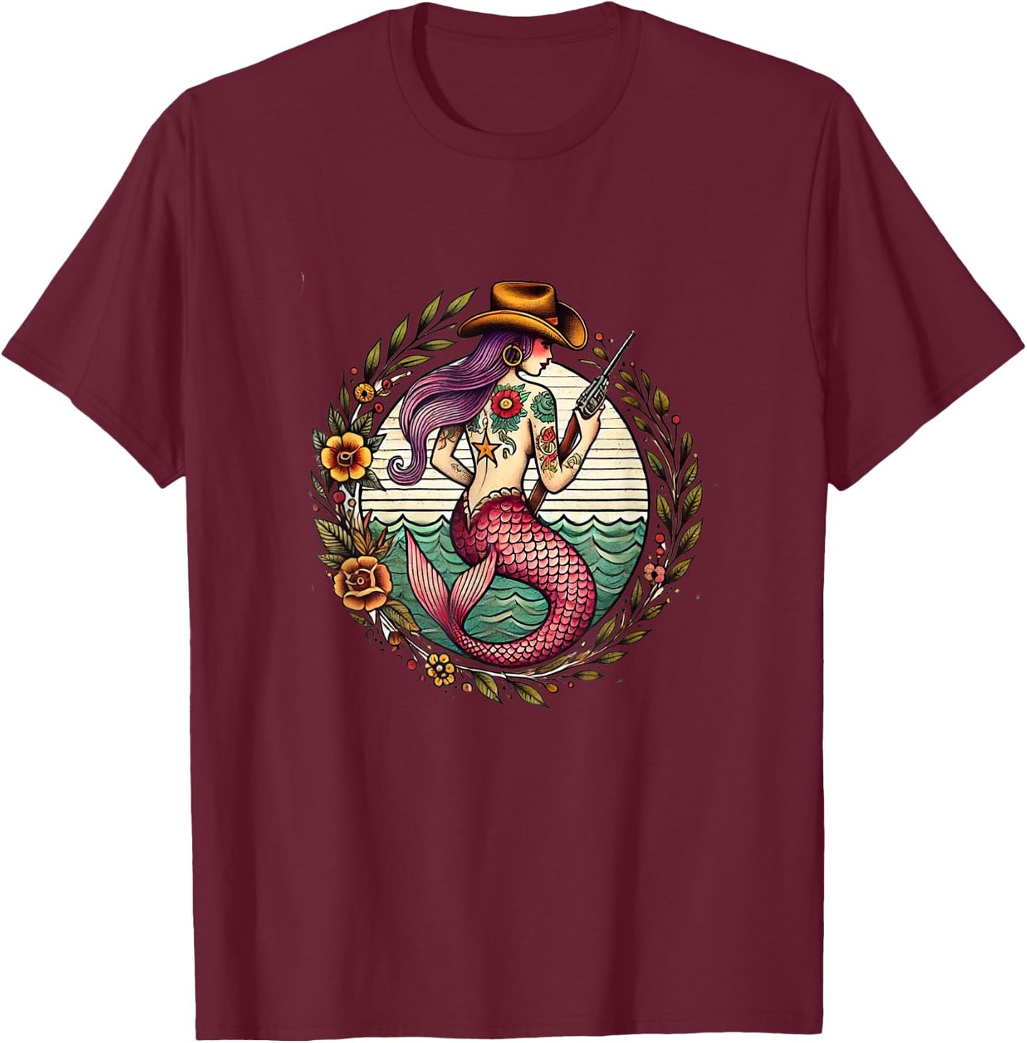 Art Nouveau Cowgirl Mermaid illustration T-Shirt - T-Shirt | Maroon