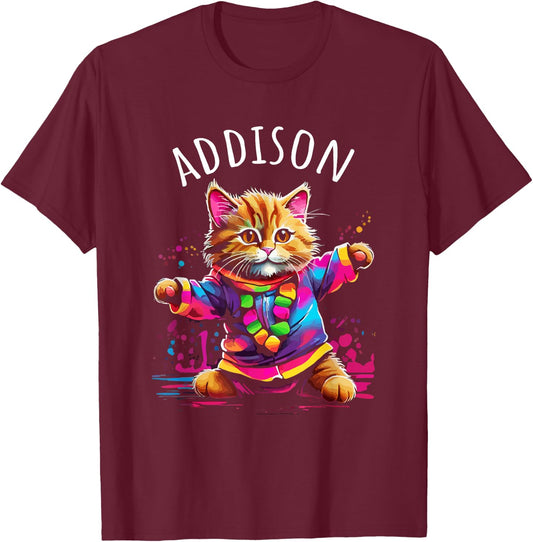 Addison Colorful Dancing Cat Design for Girls Name Addison T-Shirt - T-Shirt | Maroon