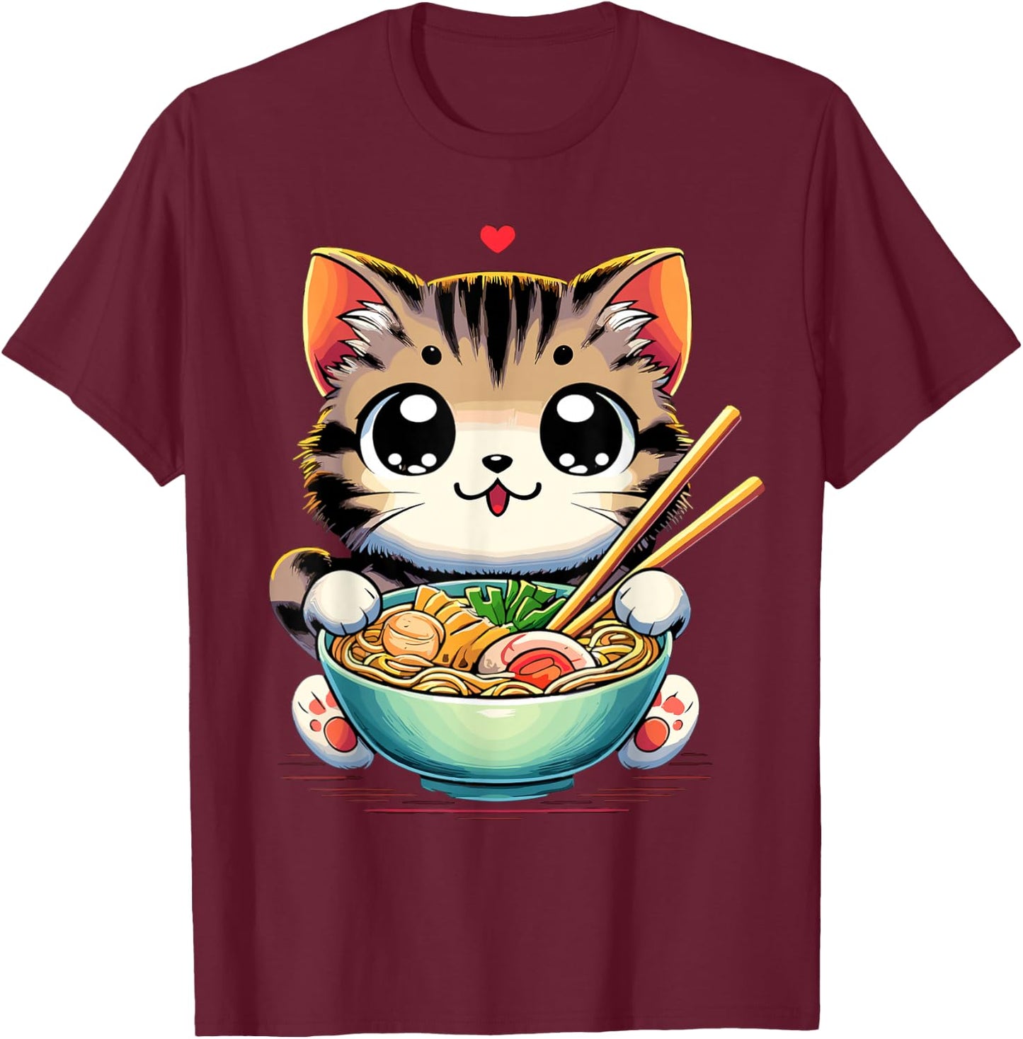 Cat Ramen Noodles Anime Kawaii Japanese Cat T-Shirt - T-Shirt | Maroon