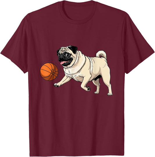 Pug Dog Playing Basketball for Pet Lovers Women Men Kids T-Shirt - T-Shirt | Maroon